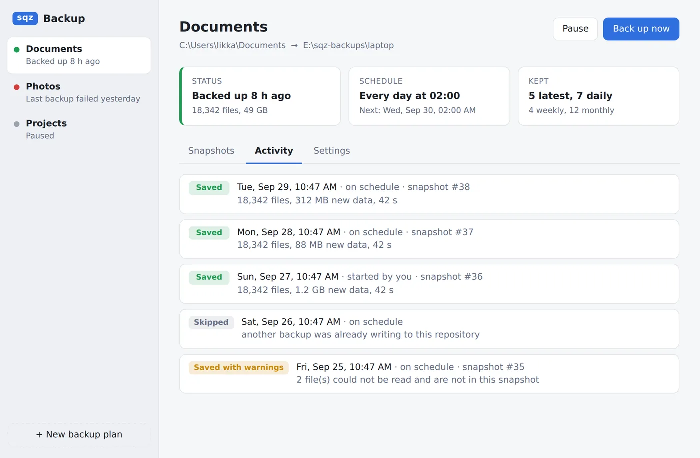 The Activity tab listing recent runs with their results.
