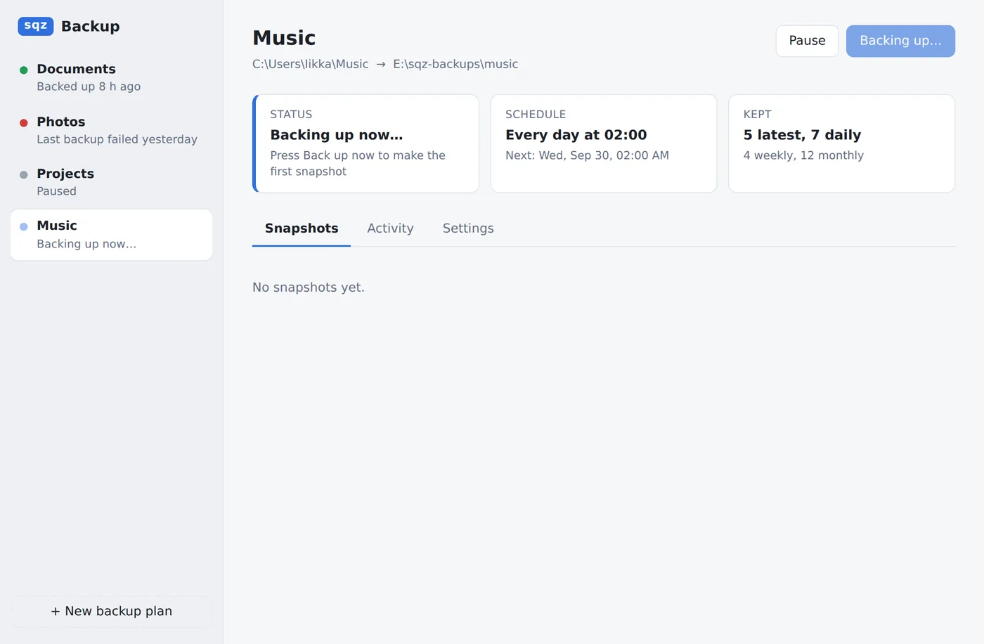 The Music plan while its first backup runs: the button reads Backing up and the status says Backing up now.