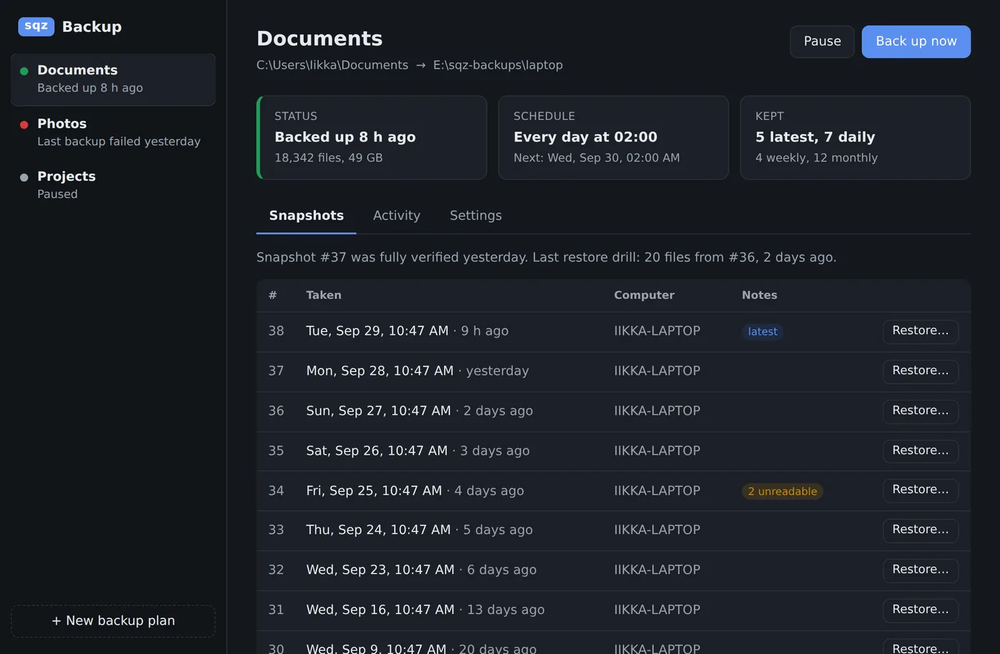 The app in dark mode.