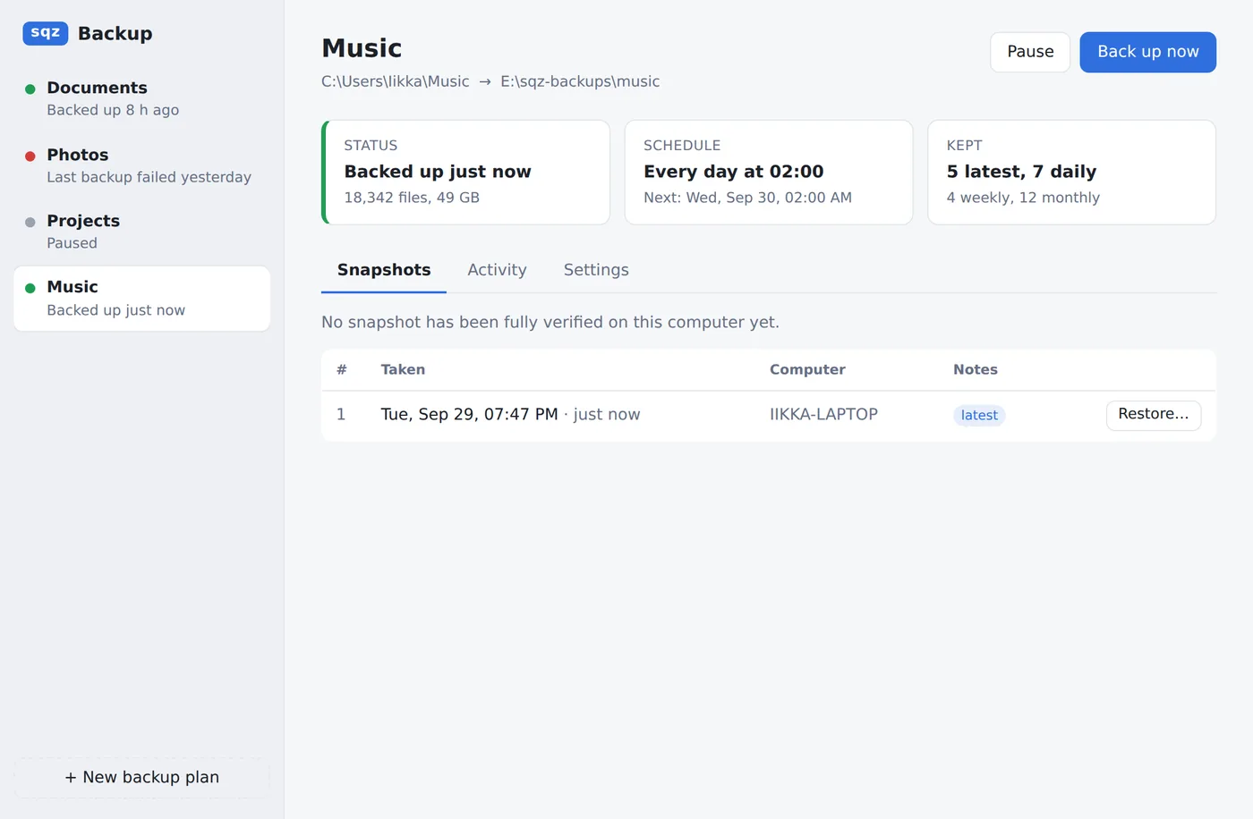 The Music plan after its first backup: status Backed up just now, 18,342 files, 49 GB, and one snapshot in the list.