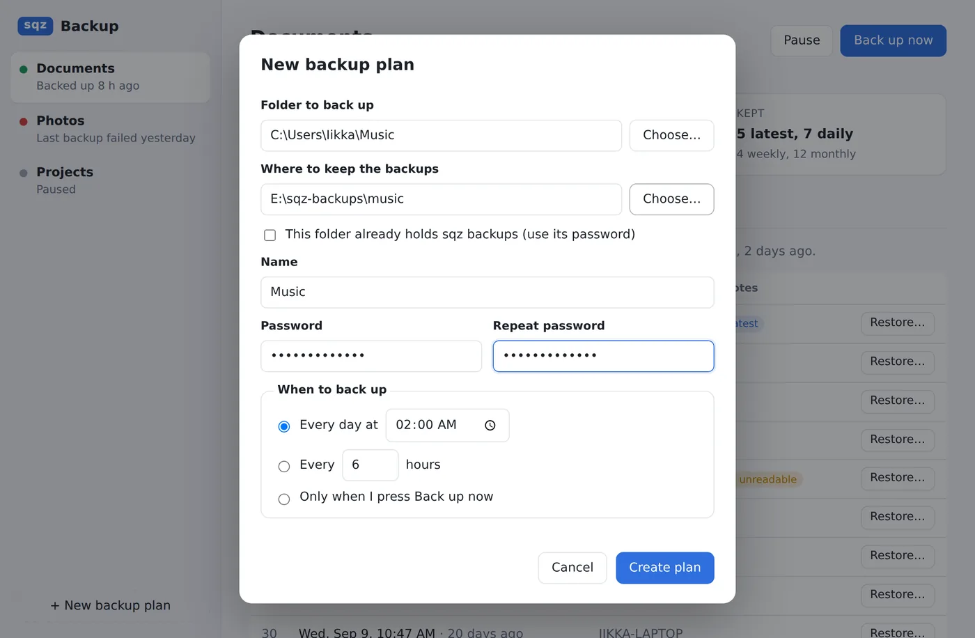 The New backup plan dialog with fields for the folder, the destination, the password and the schedule.